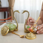 KridayKraft Metal Kissing Duck Transparent Glass Bowl With Spoon Set Of 2 Pcs For Saunf Supari Tray,Dry Fruit And Candy For Home & Offce Table Decoration Animal Showpiece Serving Bowl Set..., 500 Ml