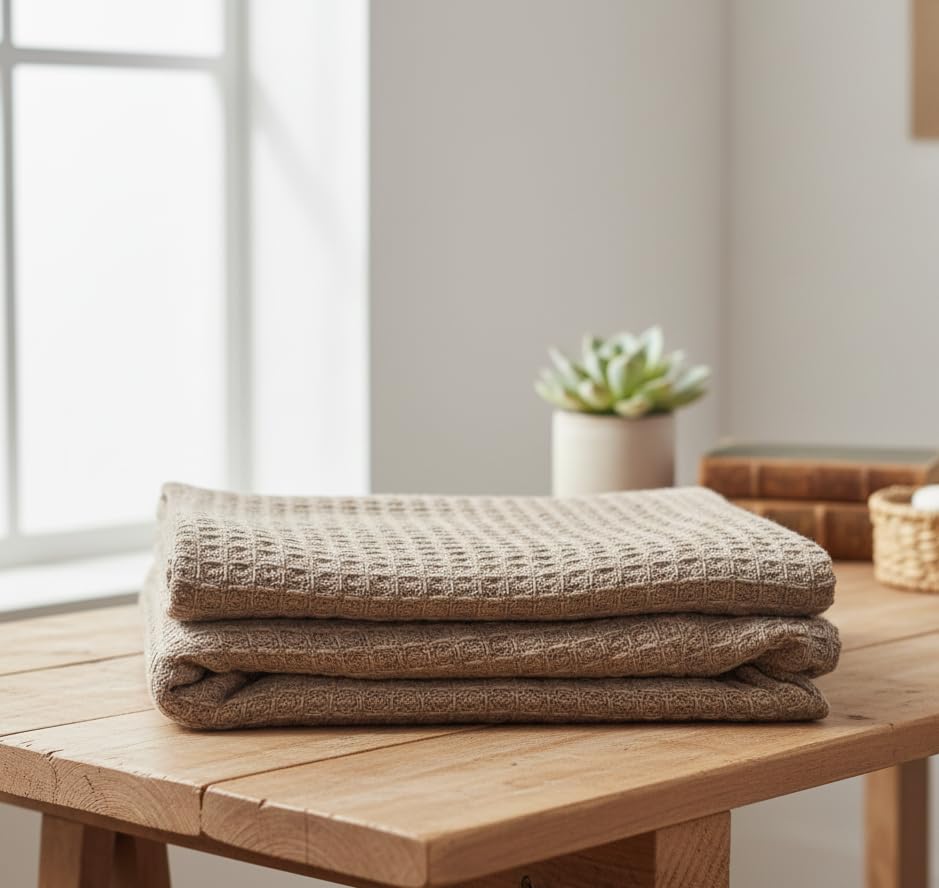 Wisdom Decor Waffle Knit Throw Blanket with Tassels for Sofa & Bed for All Seasons – Lightweight Decorative Cozy Blanket for Living Room & Bedroom (127x152 cm) (Brown) Kafalo