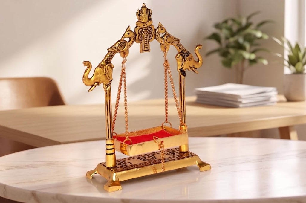 KridayKraft Gold Plated Metal Laddu Gopal Jhula with Elephant & Peacock Carving, Small Swing/Palna for Kanha Ji, Janmashtami & Home Pooja Mandir Decor