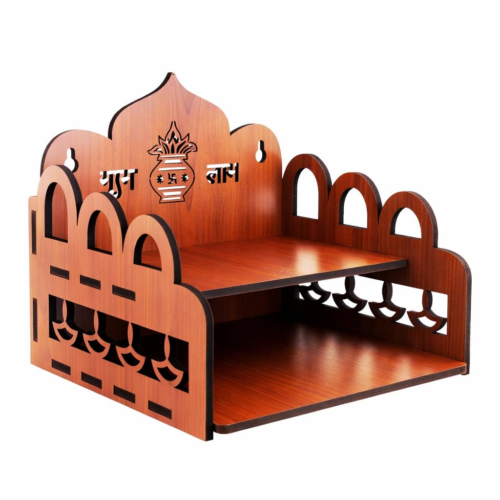 KALMANJUH Decorative Wooden Wall Hanging Mandir | Compact Home Temple with Shelves | Puja Stand for Idols, Diyas & Home Decor Size-20.3D x 20.3W x 22.9H Centimeters