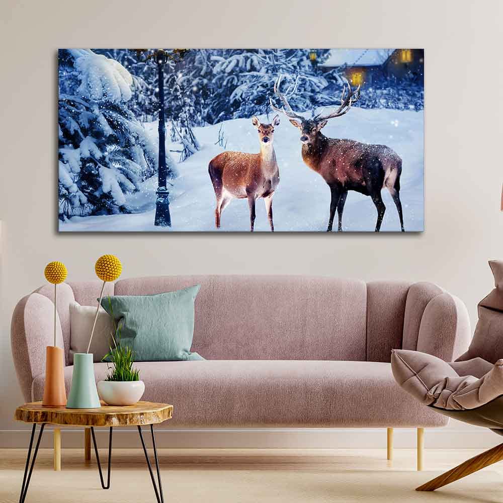 VIBECRAFTS Canvas Paintings for Living Room Drawing Room Pair of Red Deer in Snowy Forest Wall Painting for Home|Office|Gift(PTVCH_2352)