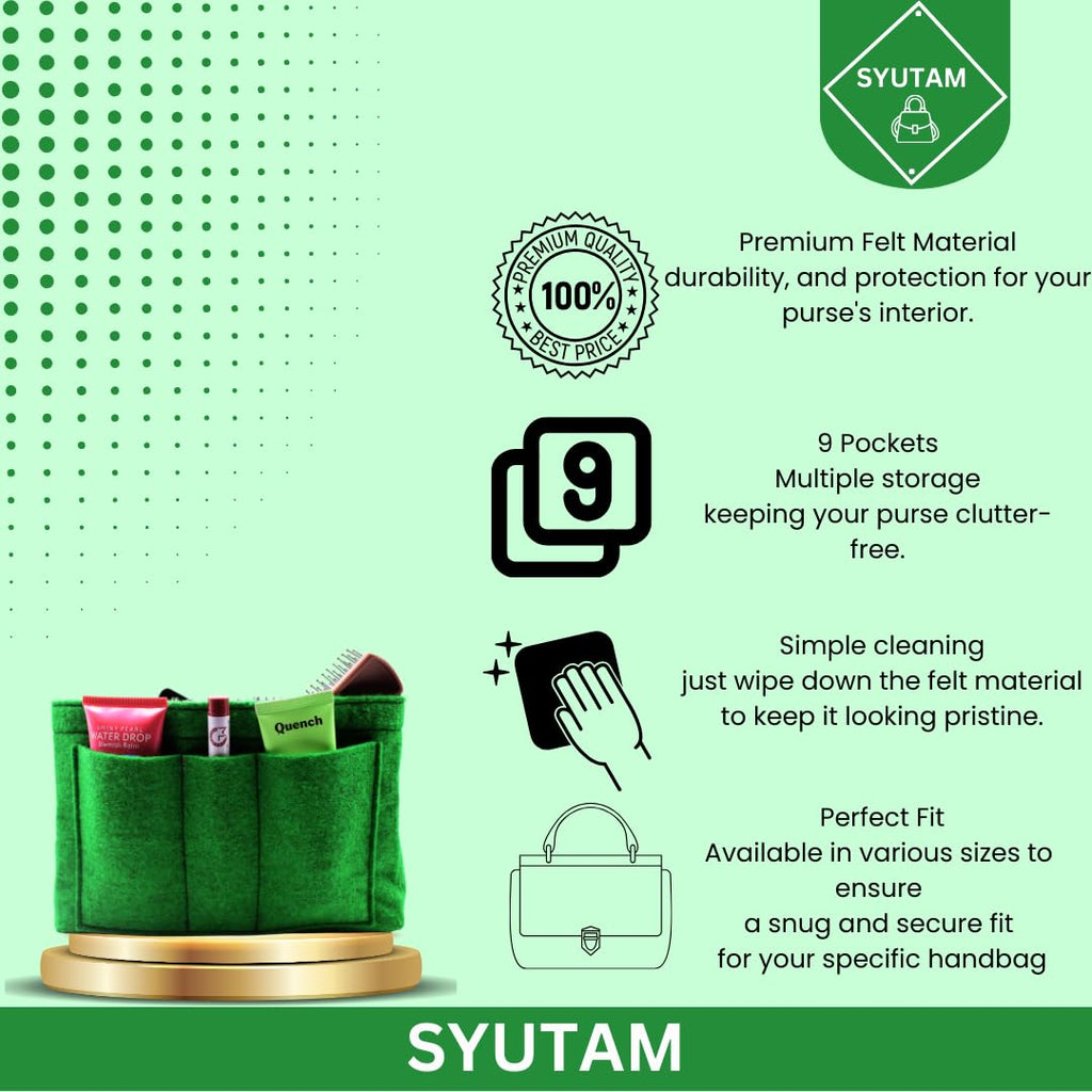 SYUTAM Women Felt Purse Organizer Insert for Ladies Handbag, Tote, Hobo Bag Storage Divider, Multiple Compartment - Green(9.25x5.1x5.9) inch (Medium)