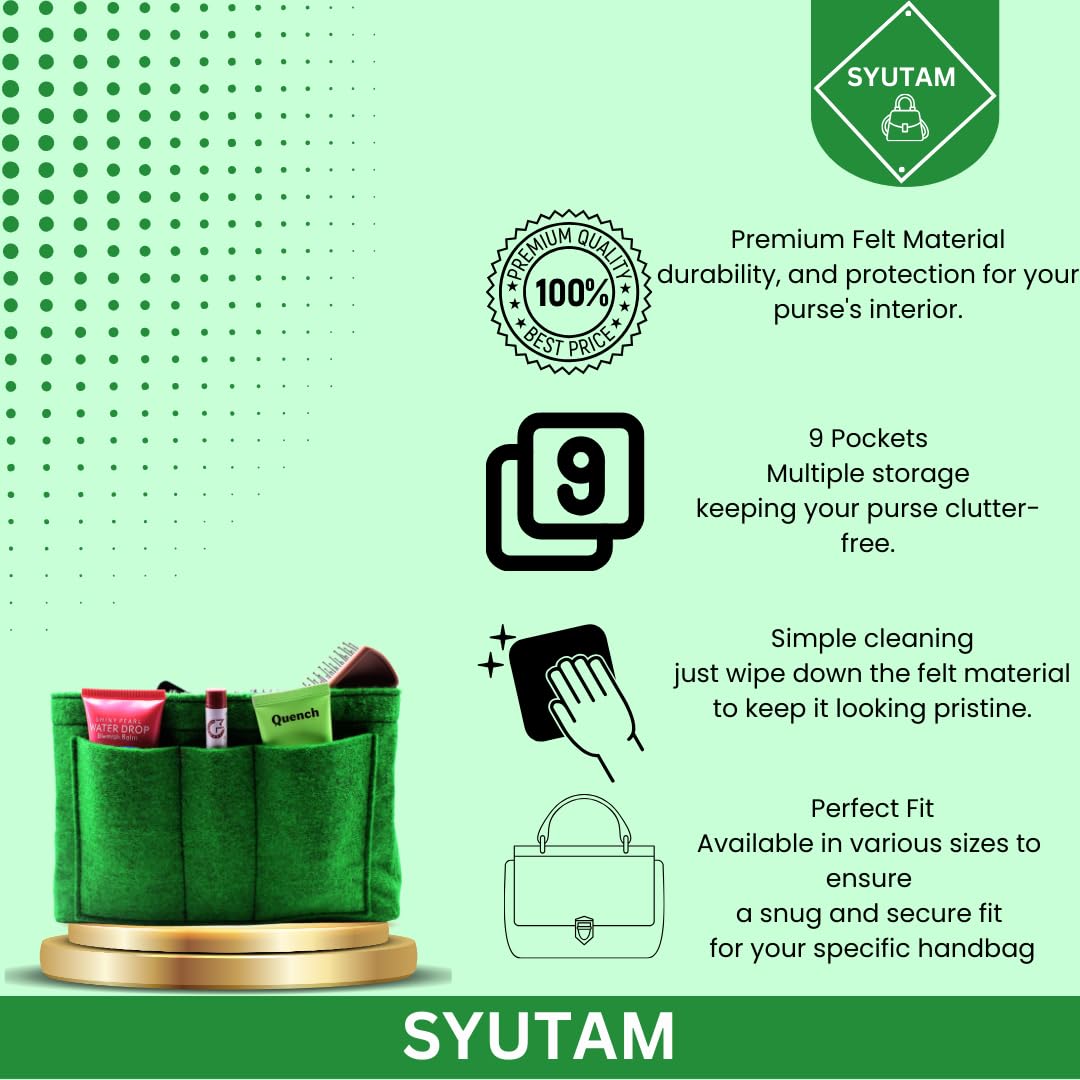 SYUTAM Women Felt Purse Organizer Insert for Ladies Handbag, Tote, Hobo Bag Storage Divider, Multiple Compartment - Green(9.25x5.1x5.9) inch (Medium)