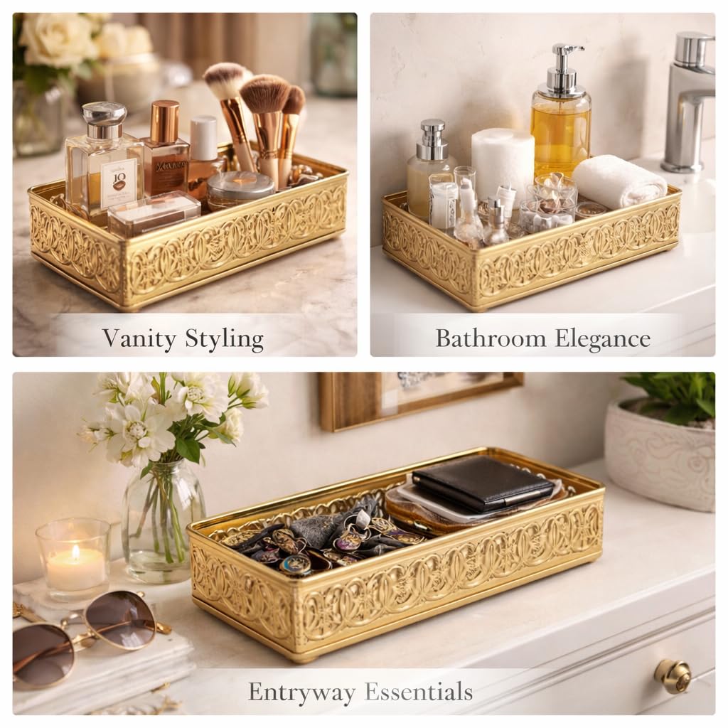 ROYAL RIWAAZ Gold Metal Vanity Organizer Tray – Rectangular Filigree Design Decorative Storage Tray for Dressing Table, Bathroom Counter & Home Decor