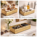 ROYAL RIWAAZ Gold Metal Vanity Organizer Tray – Rectangular Filigree Design Decorative Storage Tray for Dressing Table, Bathroom Counter & Home Decor