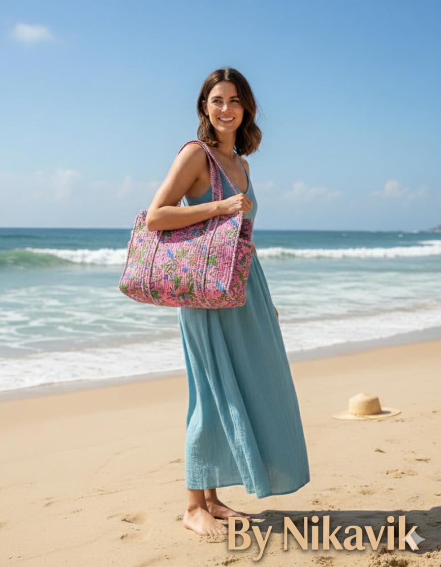 NIKAVIK Quilted Cotton Jaipuri Tote bag (with seperate Bottle Pocket & Zip) – Exotic Animal Print Foldable and Ideal for Travel Shopping Beach Trips or Daily Essentials (Pink Multi)