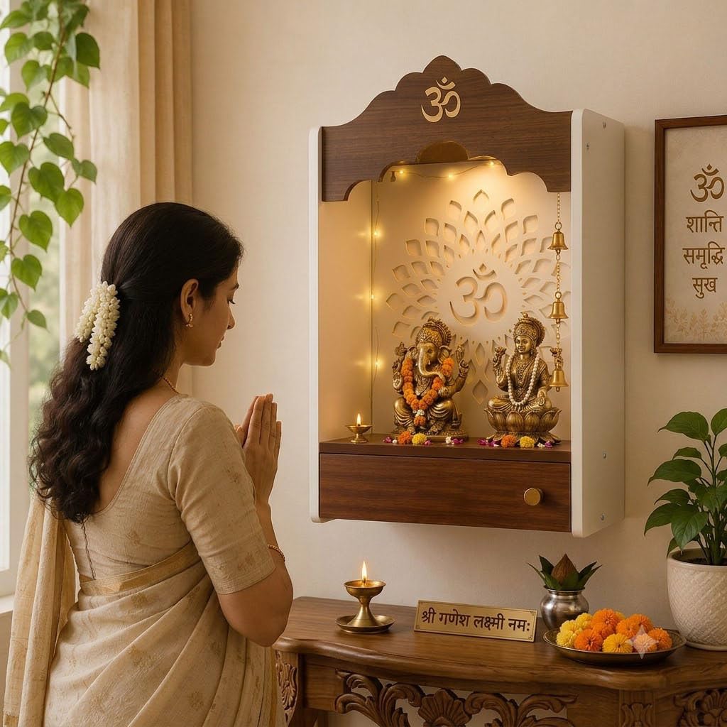 Crosscut Wooden wall Hanging mandir, Temple for Home and Office Pooja (Dual Arch Design)
