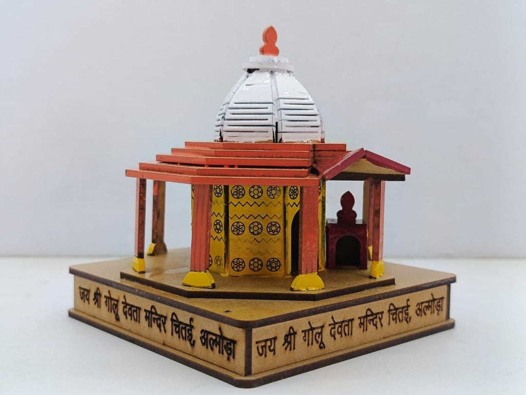 Shri Golu Devta Wooden Temple Almora Miniature Model, Handcrafted Wooden Religious Replica with Traditional Design