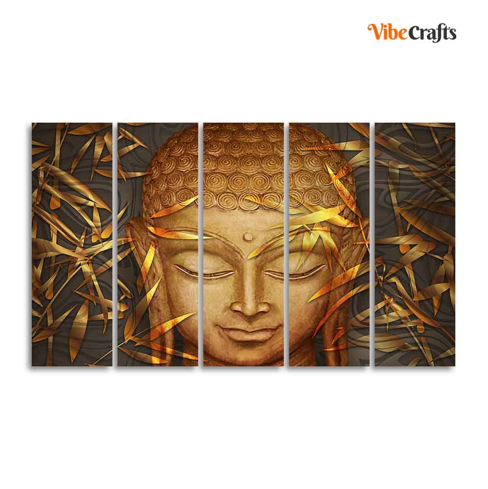 VIBECRAFTS Gautam Buddha with Serene Smile Wall Painting Set of Five Pieces For Home|Office|Living Room|Gift (PTVC5Pcs4_8682)