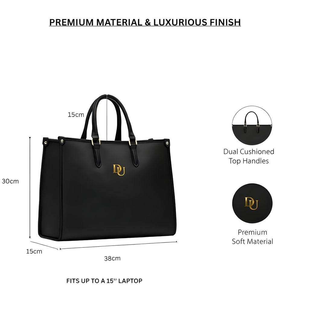 DOLLEDUP Womens Executive Large Sized Tote Bag With Adjustable & Detachable Sling Strap and Top Handles| Fits Upto 14'' Laptop | Tote Bags for Women for Office use, Work| Black