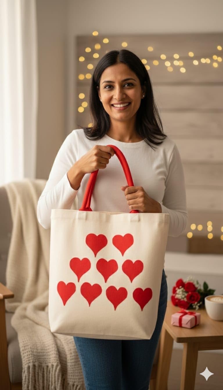 ZIG ZAG BAGS Canvas Tote Bag with Zipper | Hearts Design | Hand-Painted Cotton Tote for Girls, Office & Shopping | Eco-Friendly Cloth Handbag | Stylish Shoulder Shopping Bag for Women (Hearts)