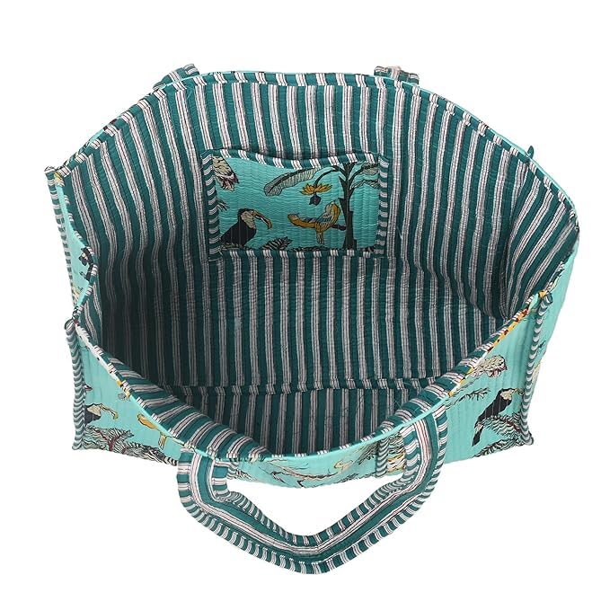 DecorAvenue Quilted Premium Cotton Printed Reversible Tote Bag Grocery Shopping Bag Travel Bags Carry Bag 18x15x5.5 Inch (Sea Green Jungle)