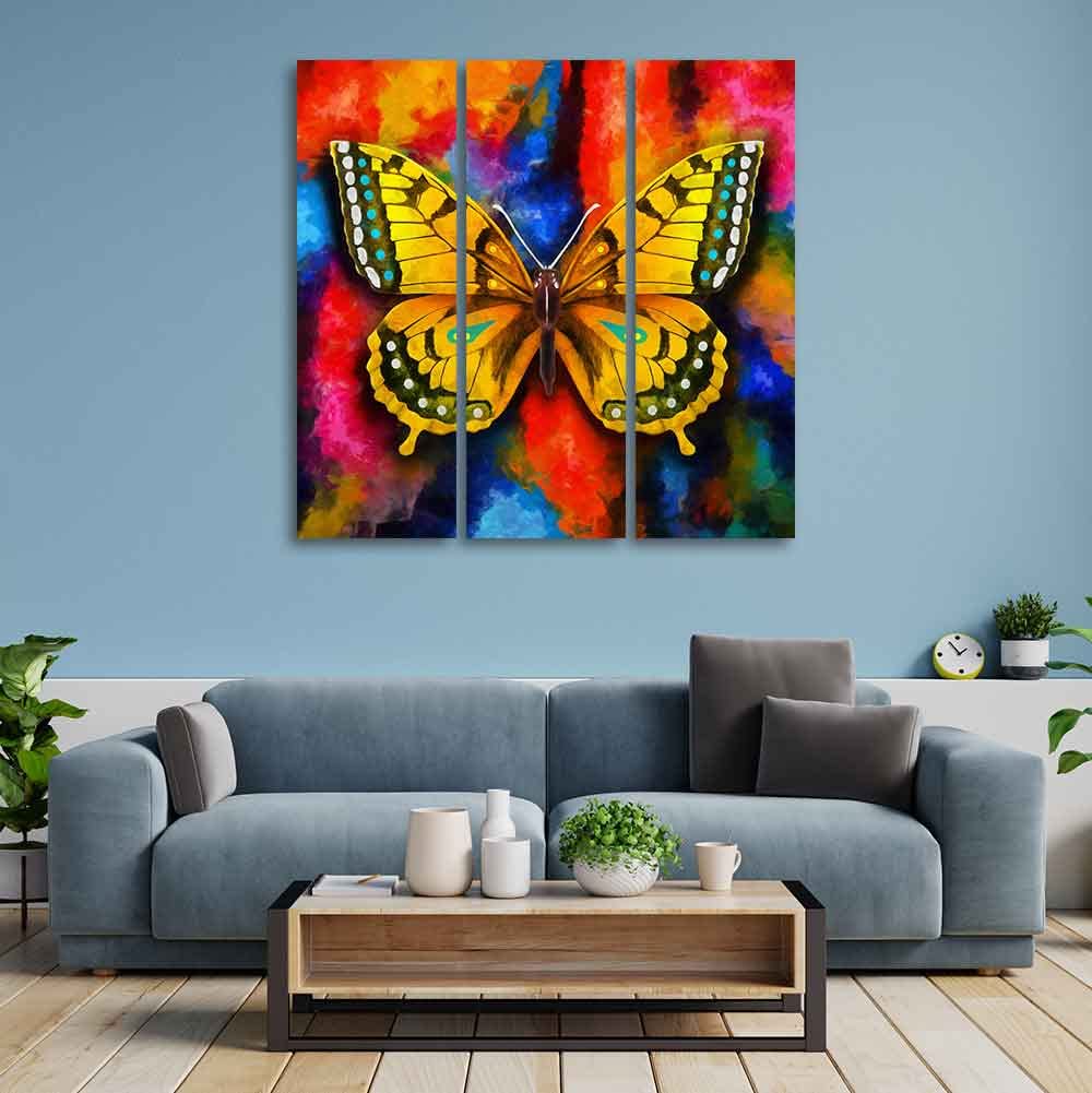 VIBECRAFTS 3 Pieces Beautiful Butterfly Canvas Wall Painting Fitted With Wooden Frame For Home | Office | Living Room | Gifts (PTVC3Pcs1_9519)