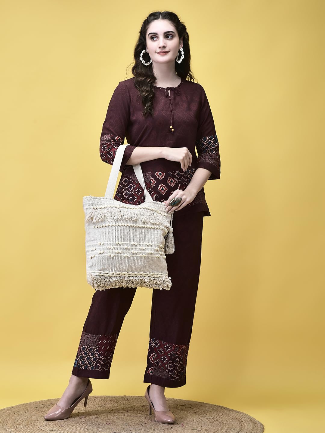 LoomEarth Handcrafted Boho Cotton Tote Bag with Tassels and Pom Poms, 38x38x25 cm, Cream White, Beach Shopping Shoulder Bag