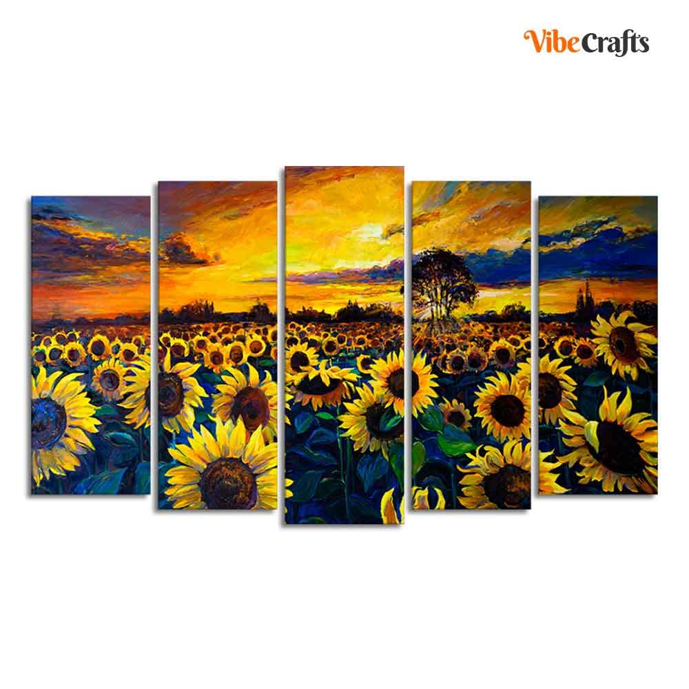 VIBECRAFTS Beautiful Sunflower Garden Canvas Wall Painting of Five Pieces For Home|Office|Living Room|Gift (PTVC5Pcs2_6597)