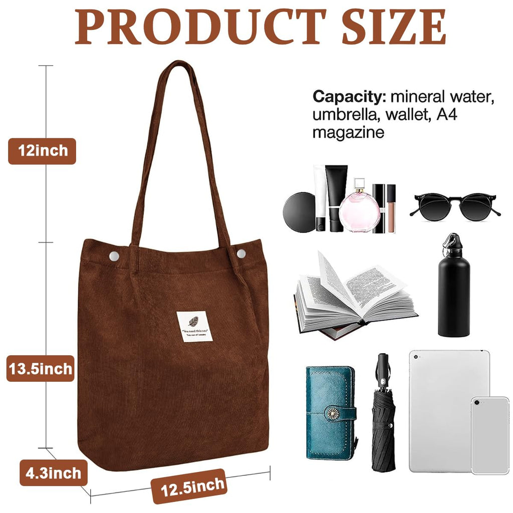 PALAY Tote Bag for Women Large Corduroy Shoulder Handbag Shopping Brown