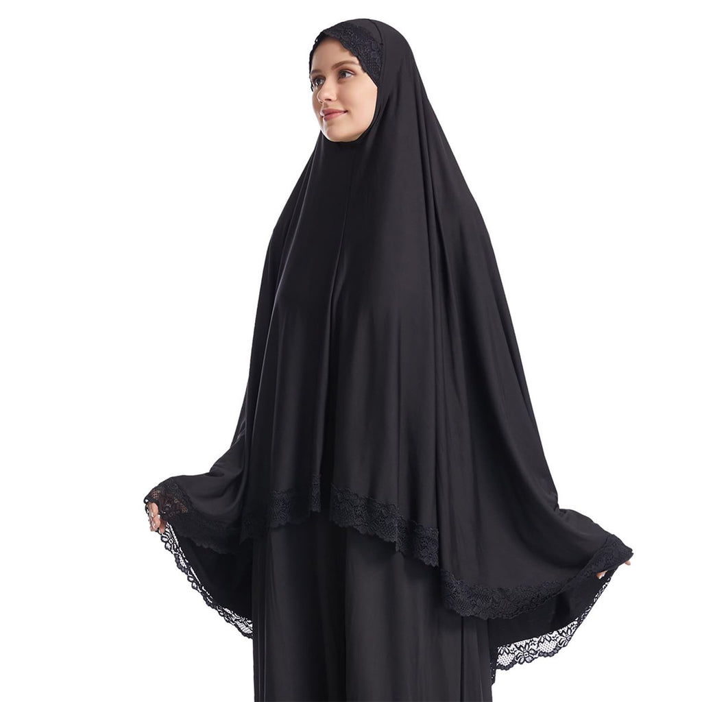 Muslim Hijab for Women Instant Big Hijab Khimar Abaya 1pc Soft Lace Scarf, Black, Large