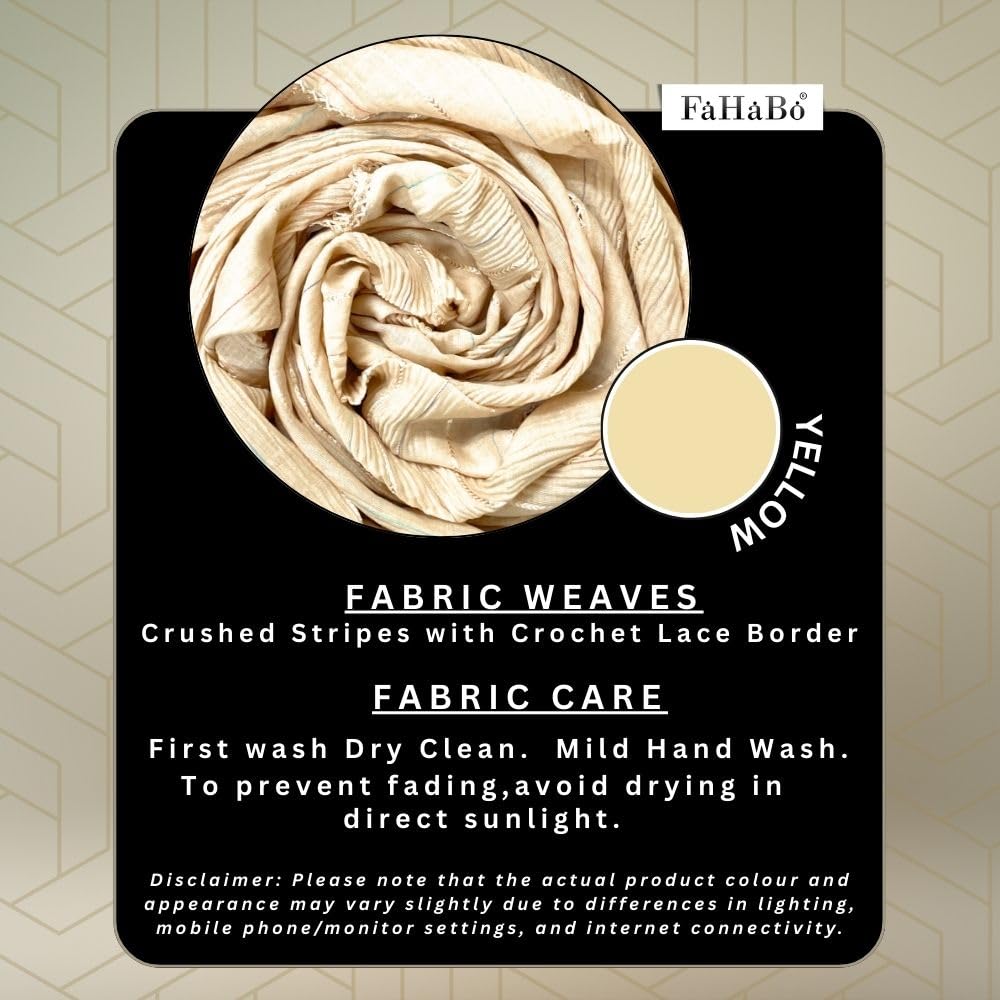 FAHABO Scarf Woman Crushed Stripes with Crochet Lace Border Scarves | Hijab Scarf | Headscarf | Neck Scarf | Stoles | Wraps (Yellow)