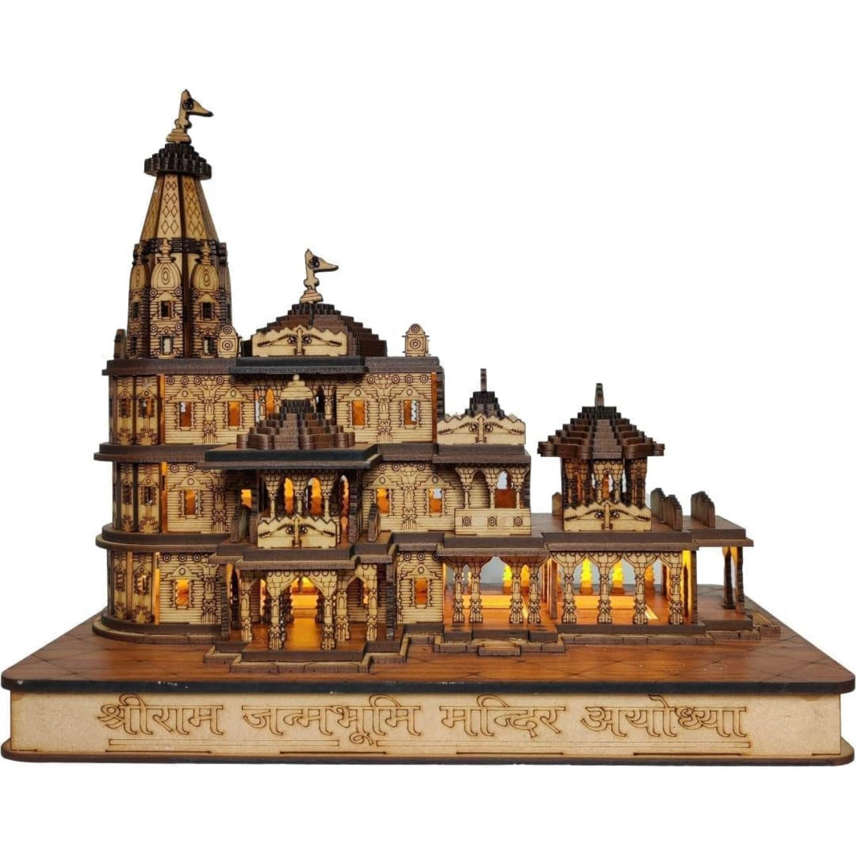 Twinster Ram Mandir Ayodhya Wooden Temple Model 6 Inches Decorative Statue Ideal for Home Décor and Gifting (with LED)