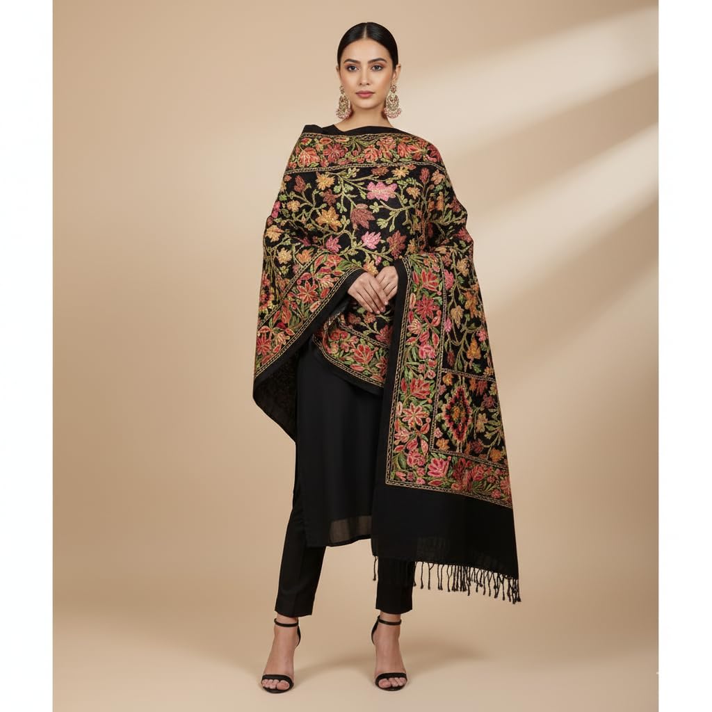 Matelco Women Black Multi-Color Floral Jaal Pashmina Shawl