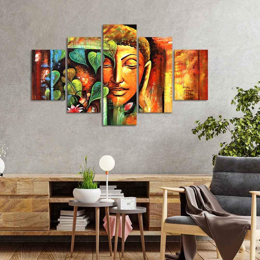VIBECRAFTS Divine Gautama Buddha Face Premium Frame Wall Painting of Five Pieces For Home|Office|Living Room|Gift (PTVC5Pcs1_5548)