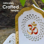 Acrylic Pooja Singhasan for Home Temple | White & Gold Mandir Chowki with Om Design | Krishna Laddu Gopal Singhasan | Decorative Acrylic Temple Seat for Pooja Room & Festive Decor. (6 * 7)