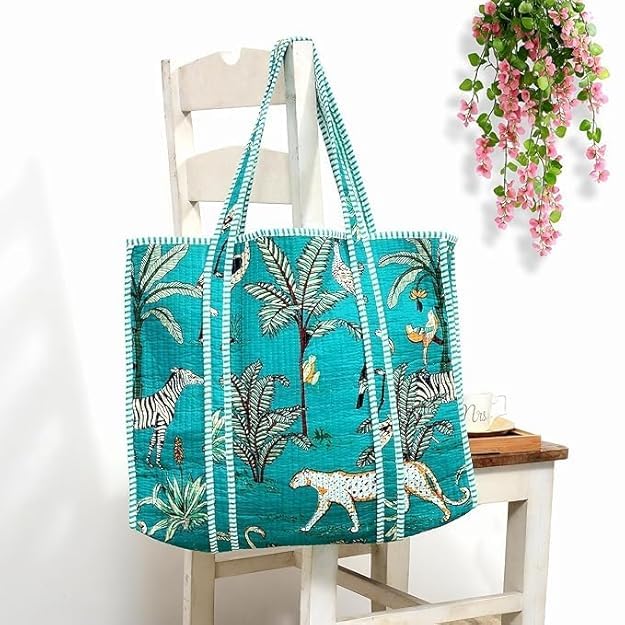 Yda fashion Handmade Quilted Cotton Tote Bag – Large Travel Shoulder Bag with Pockets, Lightweight & Durable – Stylish Printed Handbag for Daily uses (Pack of 2) (Multicolor7)