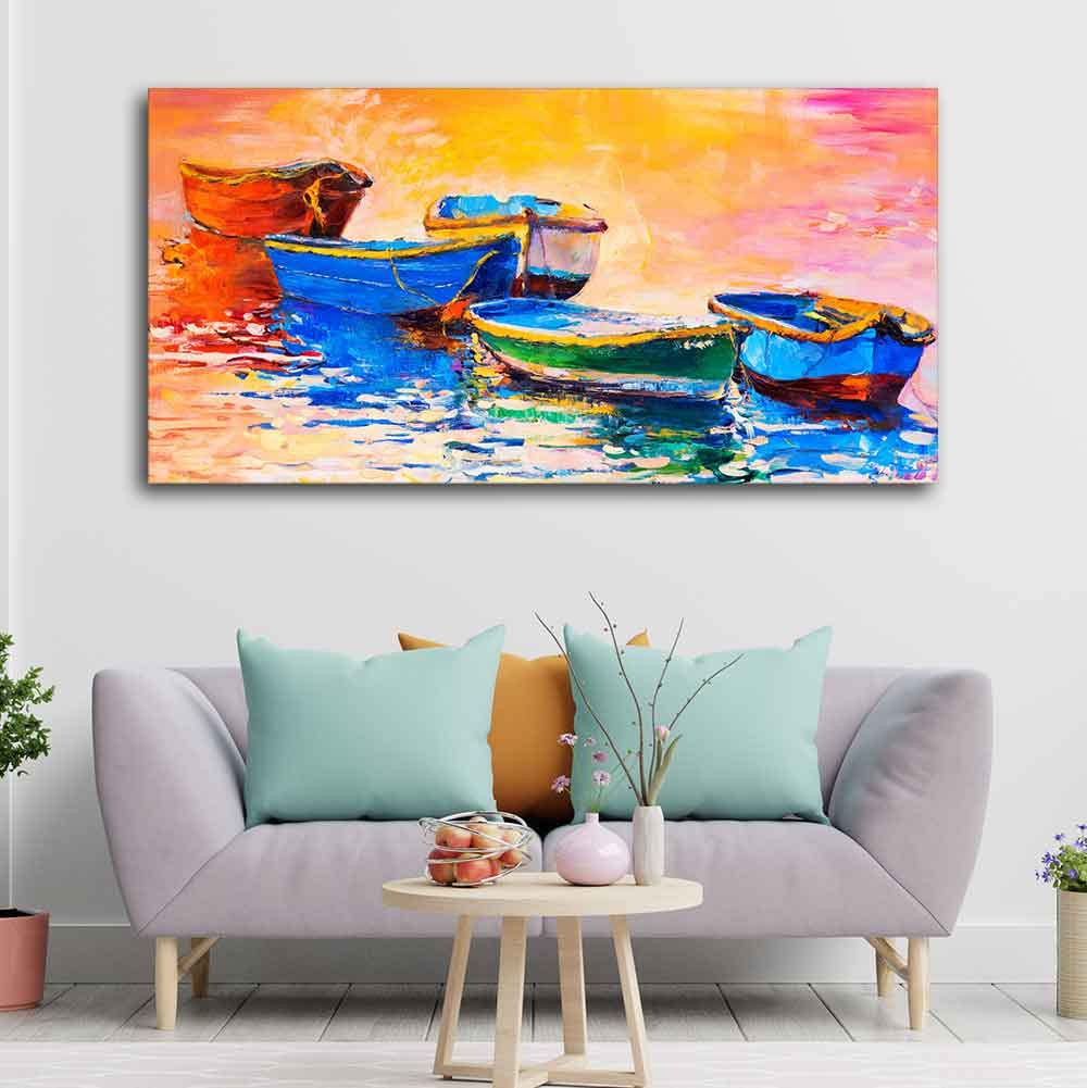 VIBECRAFTS Canvas Paintings for Living Room Drawing Room Canvas Wall Painting of The Colorful Boats in Shades of Sunset Fitted with Wooden Frame for Home|Office|Gift(PTVCH_2263N)(48 x 24 Inches)