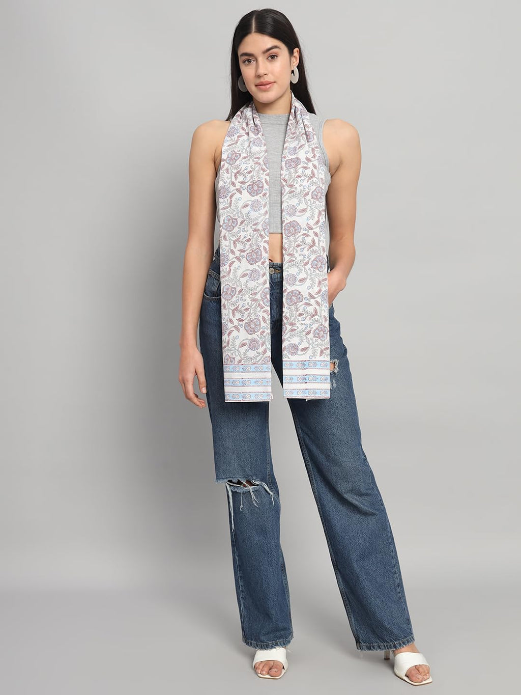 Ravaiyaa - Attitude is everything Women White & Multi Hand Block Floral Printed Cotton Scarf 71 X 21 Inch