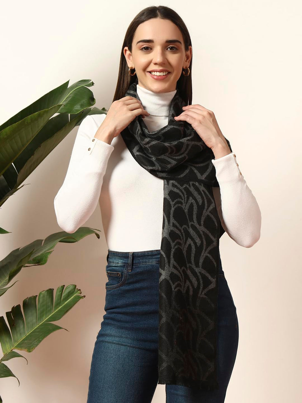 Ravaiyaa - Attitude is everything Women Woolen Ikat Design Casual Warm Winter Wear Muffler Scarf Stole 72x14 Inch (Black Abstract)