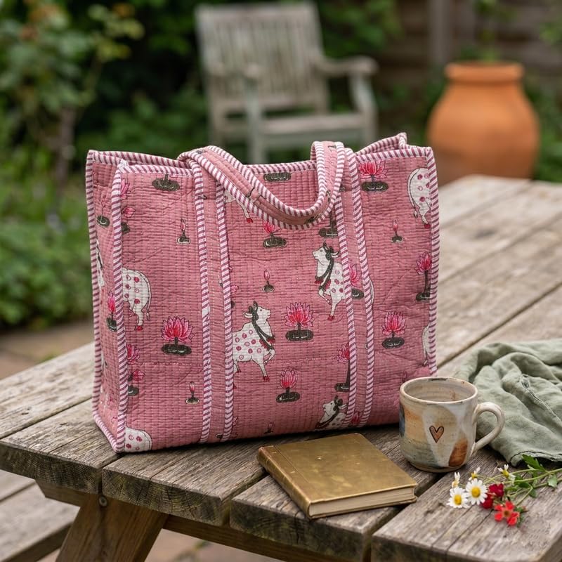LOOMARTE Quilted Cotton Printed Tote Bag for Women & Girls - Pink