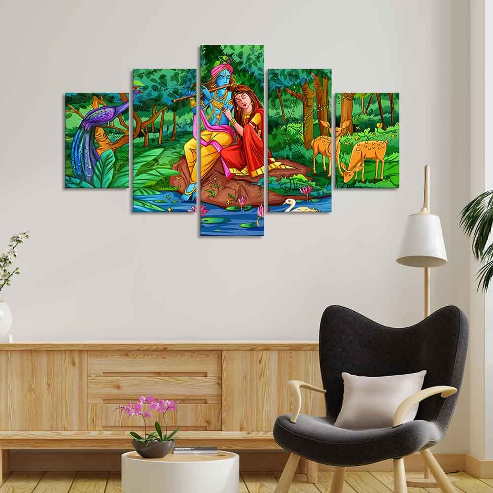 VIBECRAFTS Radha Krishna in Forest Wall Painting Set of Five For Home|Office|Living Room|Gift (PTVC5Pcs1_5535)