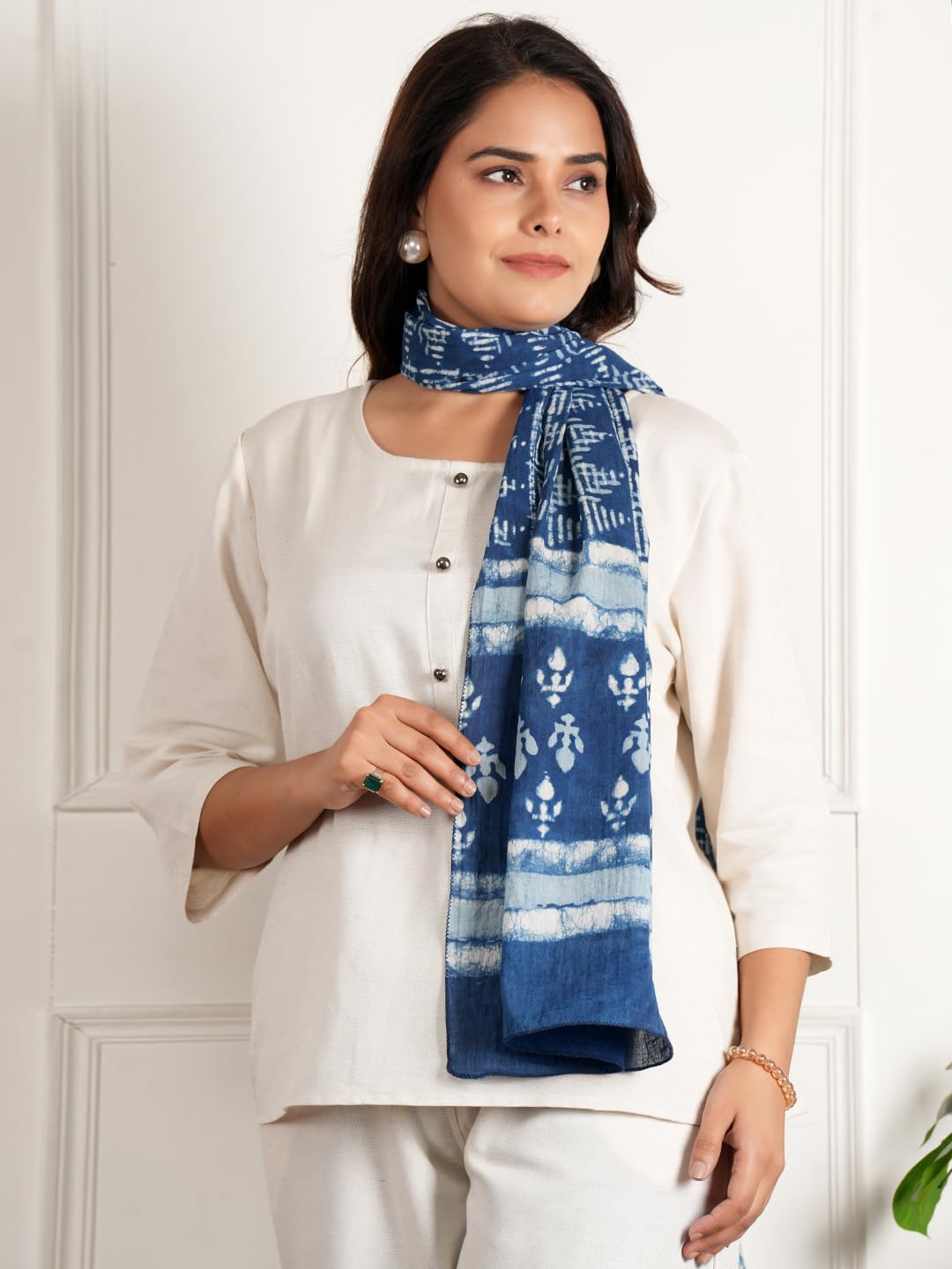 RAI SAHAB Printed Cotton Scarf for Women, Lightweight Soft Scarves Stoles for Summer & Winter(ST-100BLUE10)