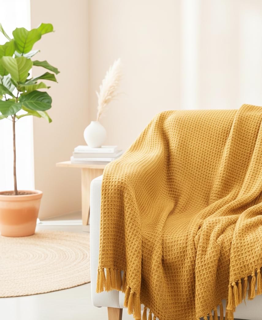 Wisdom Decor Waffle Knit Throw Blanket with Tassels for Sofa & Bed for All Seasons – Lightweight Decorative Cozy Blanket for Living Room & Bedroom (127x152 cm) (Mustard) Kafalo