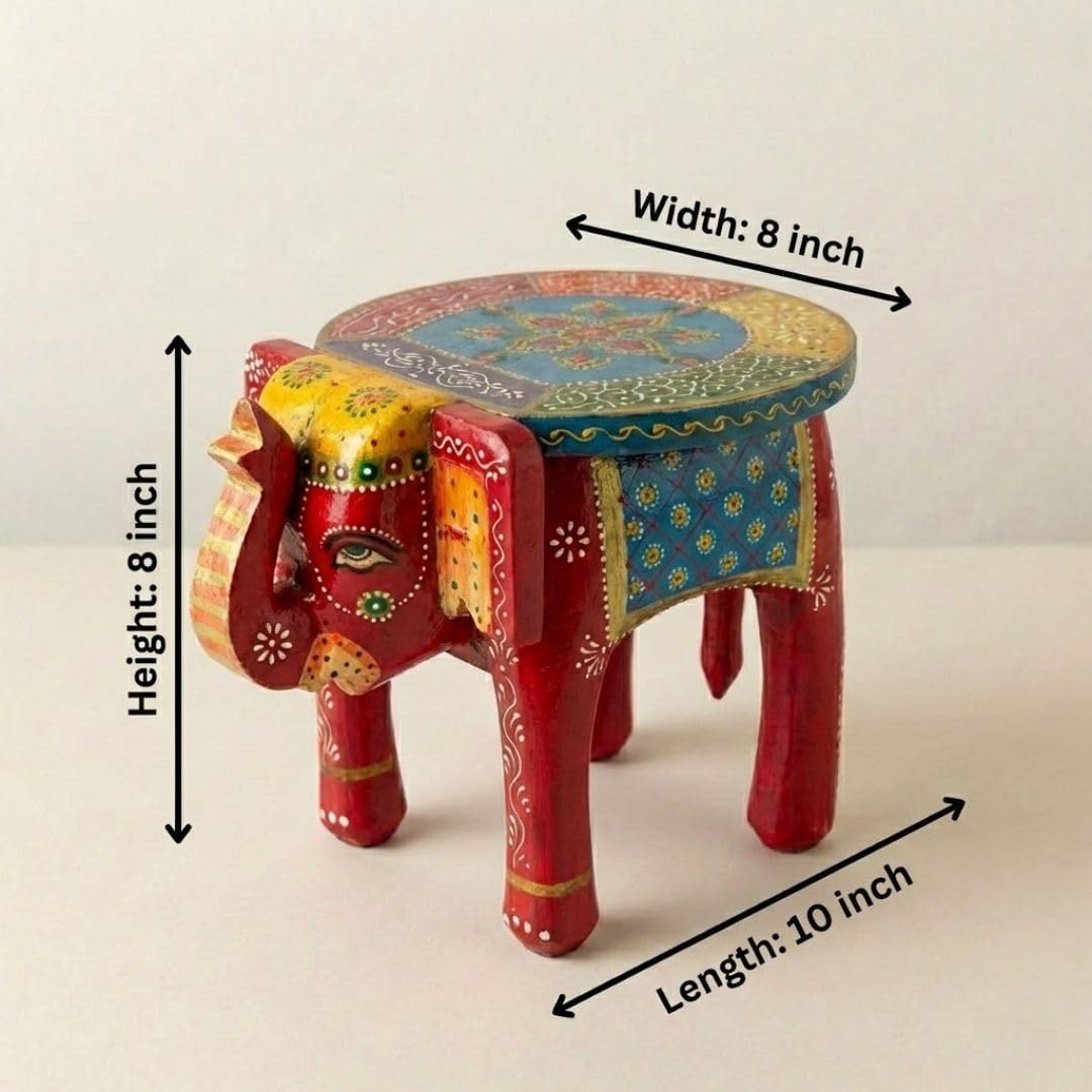 ATRANGI STUDIO Red Blue Handpainted Wooden Elephant Stool Cum Showpiece | Mango Wood Traditional Multipurpose Stool for Living Room Decor & Mandir | Perfect for Plant Stand | 8x8x10 inch