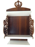 Decorative Wooden Wall-Mounted Temple with Carved Peacock and Sikh Khanda Design, 3-Tier Display Shelf, Sikh Guru Khanda Temple Brown and White