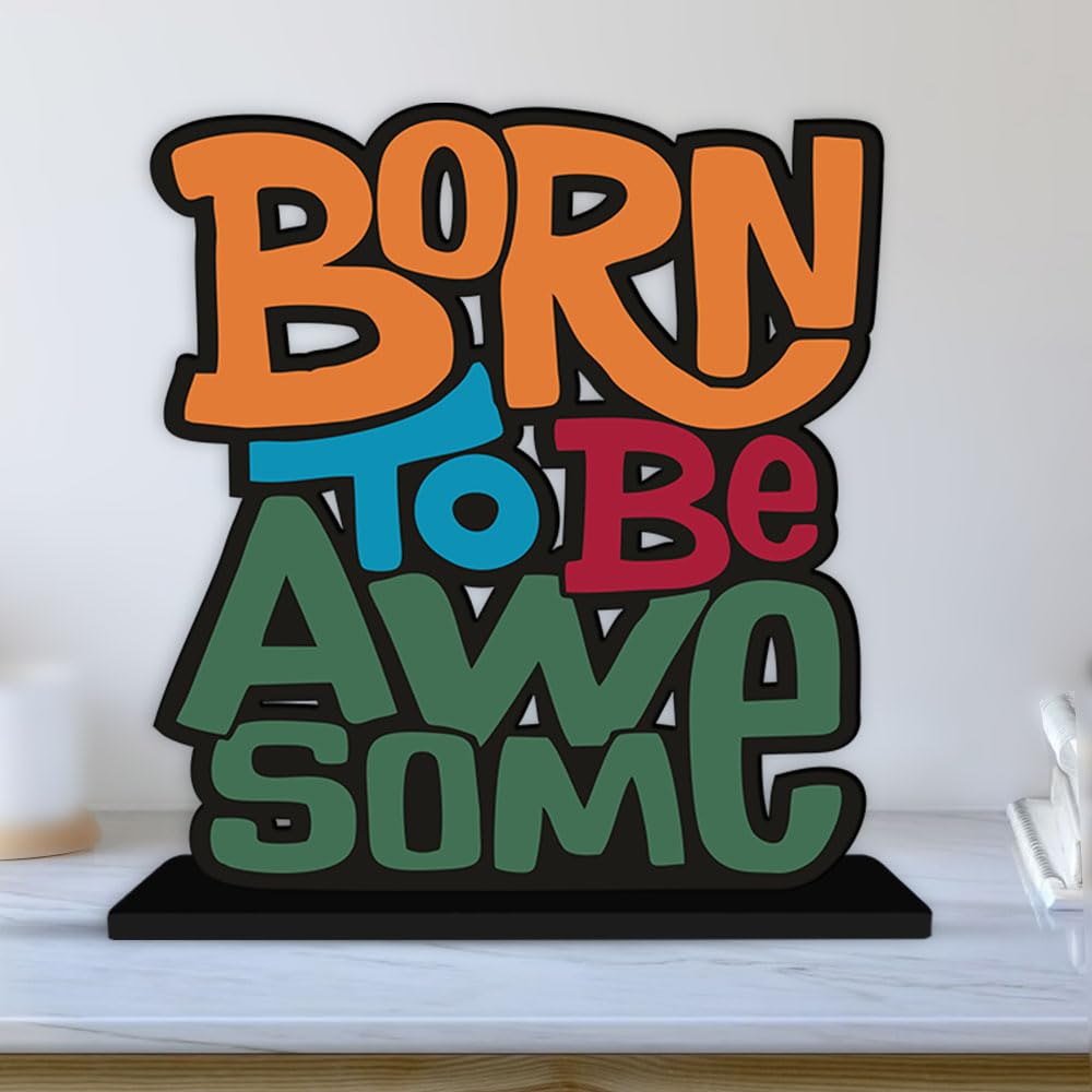 Artvibes Wooden Idols and Figurine Born to Be Awesome Quotes Table Decoration for Office Desk | Home Decor | Living Room | Modern Art Wood Alphabet Showpiece Gift Item (Sp_1124N)