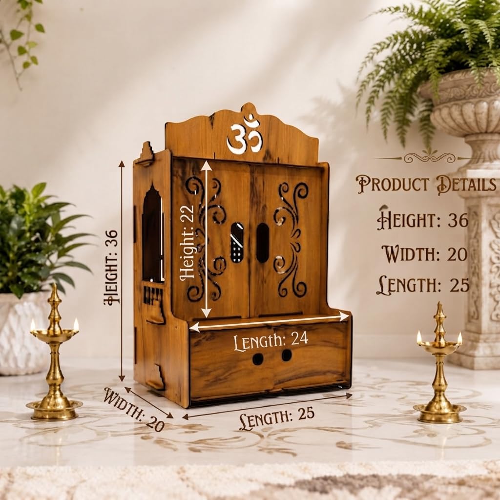 Privla Wooden DIY Small Size Home Temple with Doors & Drawer | Wooden Temple for Idols Wood Temple Lord Ganesh JI Design | Wall Hanging & Floor Resting Temple for Home & Office 36 * 20 * 25cm