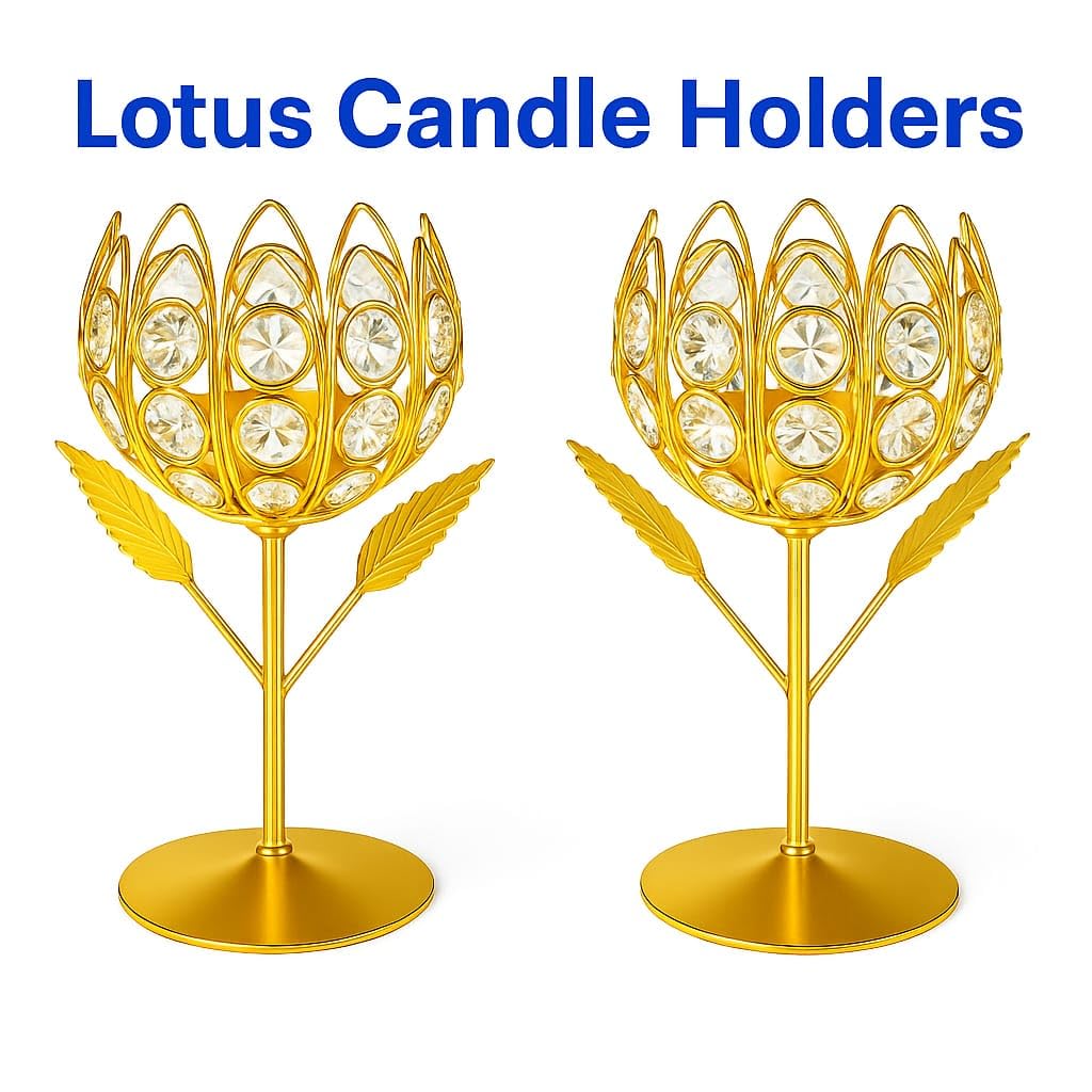 CentraLit Gold Crystal Tea Light Holder Set of 2 Tea Light Stand Shape Rose Votive Lotus Candle Holder for Home Decoration Diwali Diya Puja Gifts (Set of 2)