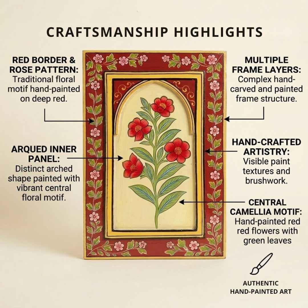 ATRANGI STUDIO Gulnar Handpainted Wooden Wall Frame | Rajasthani Traditional Craft | Decorative Floral Wall Hanging Art for Living room, Bedroom, Office | 12×18 Inch, Red