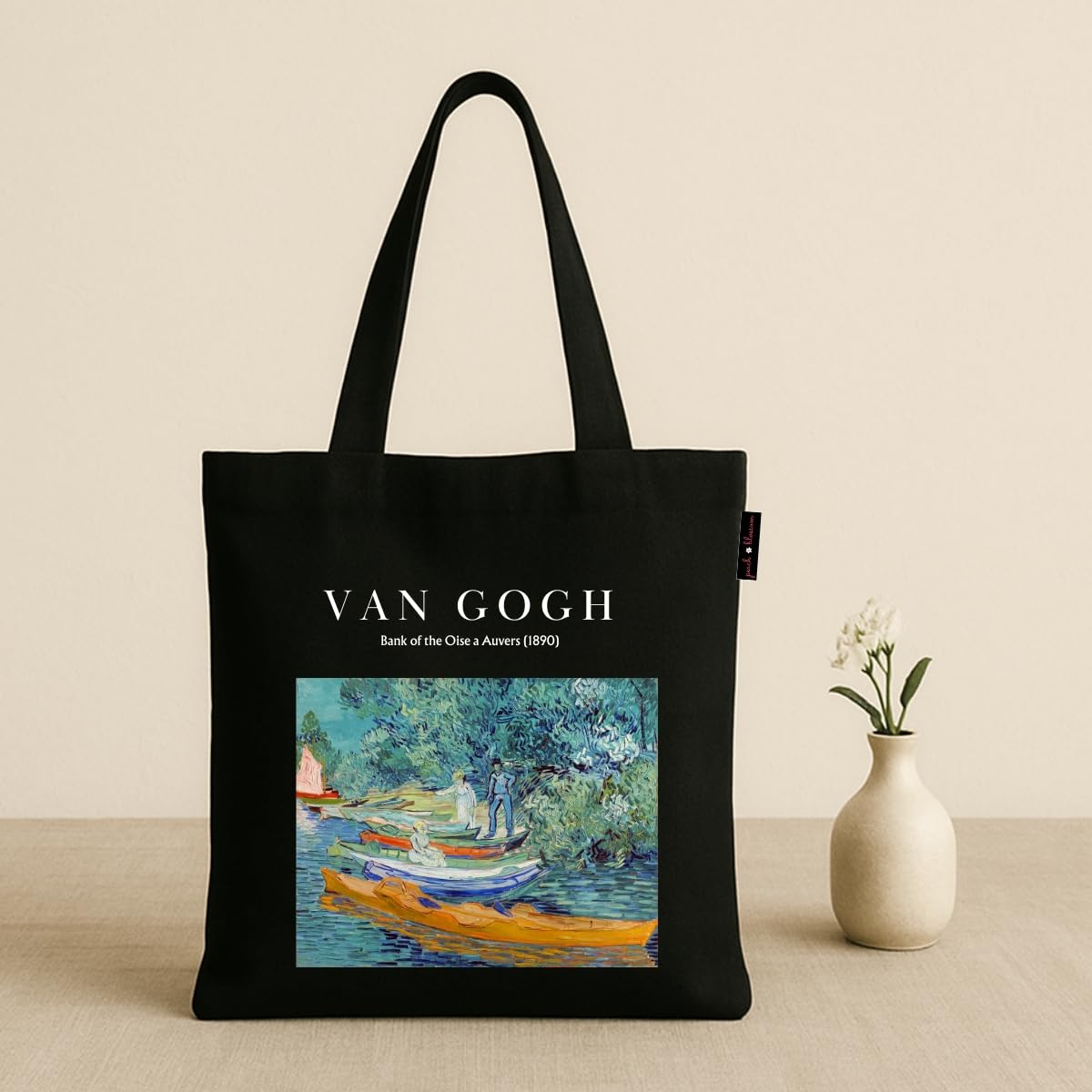 Peach Blossom Women's Printed Cotton Zipper Tote Bags (BLK - RIVER BOAT)