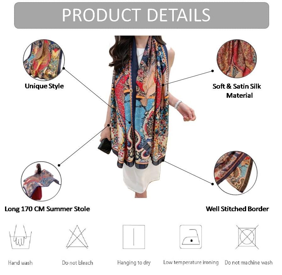 Alexvyan Satin Silk Summer Scarves 170 x 84 cm, Red Multicoloured Printed with Stitched Border, Lightweight Fashion Scarf for Women Sun Protection Stole