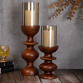 DREAMY WALLS Wooden Candle Stands For Home Decor With Glass (Set Of 2)- Mango Wood Candle Holder Stand,Dining Table Decor,Wavy Round Pillar Candle Holder,Decorative Candle Stands ,Light Brown