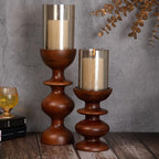 DREAMY WALLS Wooden Candle Stands For Home Decor With Glass (Set Of 2)- Mango Wood Candle Holder Stand,Dining Table Decor,Wavy Round Pillar Candle Holder,Decorative Candle Stands ,Light Brown