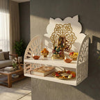 NIVED Saraswati Metal Mandir | 15 x 15 x 8 inch | Extra Storage | Dual Colour Design | Wall Mountable | Easy Screw Assembly | Home Temple | Pooja Stand | Colour: White & Brown