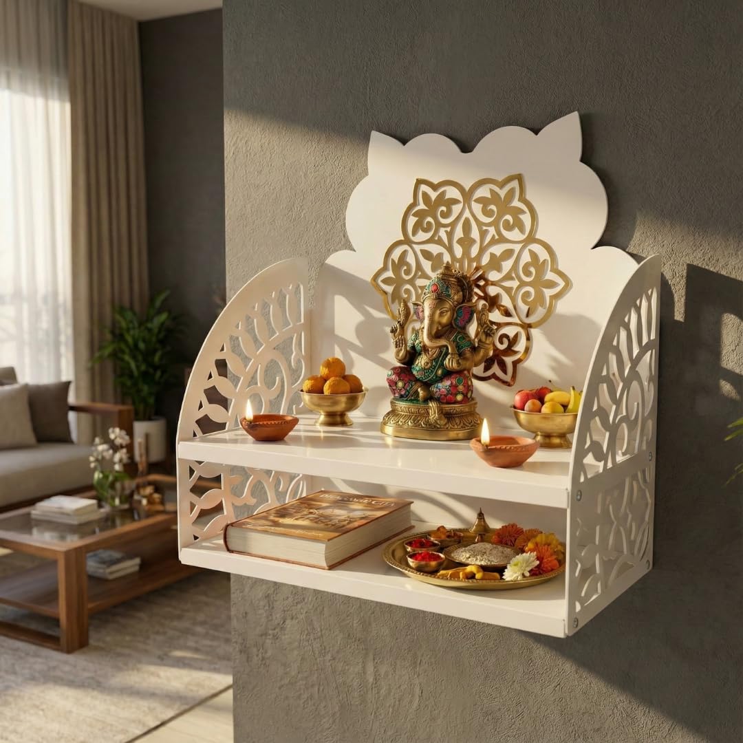 NIVED Saraswati Metal Mandir | 15 x 15 x 8 inch | Extra Storage | Dual Colour Design | Wall Mountable | Easy Screw Assembly | Home Temple | Pooja Stand | Colour: White & Brown
