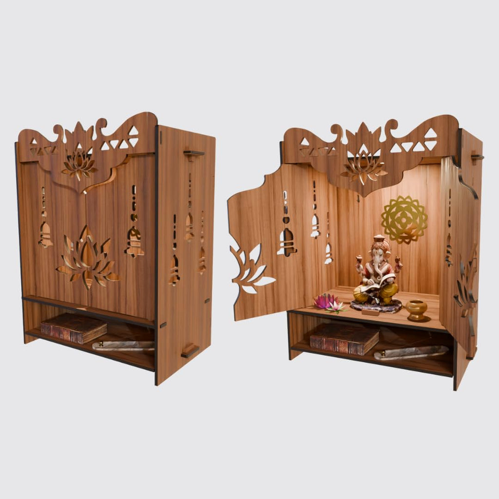NIVED YAMUNA Engineered Wood Mandir with Door | Spotlight | Extra Storage | 21 x 16 x 10.5 inch | Wall Mountable | No Screw/Bolt Screw Assembly | Home Temple | Pooja Stand | Colour: Walnut