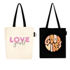 Peach Blossom Tote Bags With Zip, 100% Cotton Shopping/Grocery Bag, Multi-Purpose Canvas Bag 5kgs Capacity, Single Pack (Cbag_ZIP_WhiteLoveurself_BlackGoodvibe)