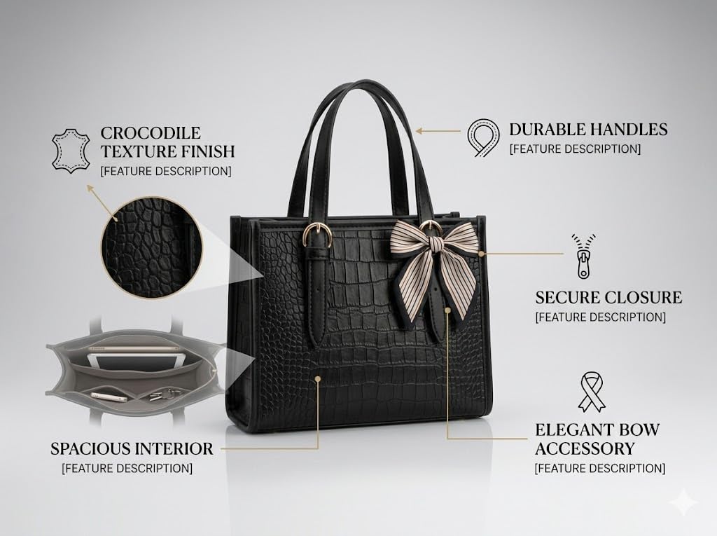 Pavilonn Women Handbag PU Leather Tote Purse Stylish Shoulder Office Bag Black Structured Croco Pattern Ladies Fashion Shopping Handbag Daily Use College Gift (BLACK)