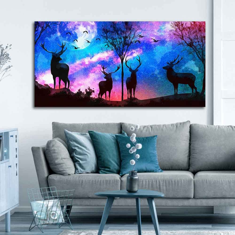VIBECRAFTS Canvas Paintings for Living Room Drawing Deer Silhoutte Colorful Sky Wall Painting Fitted With Wooden Frame For Home | Office | Gifts (PTVCH_2542) (48 x 24 Inches)